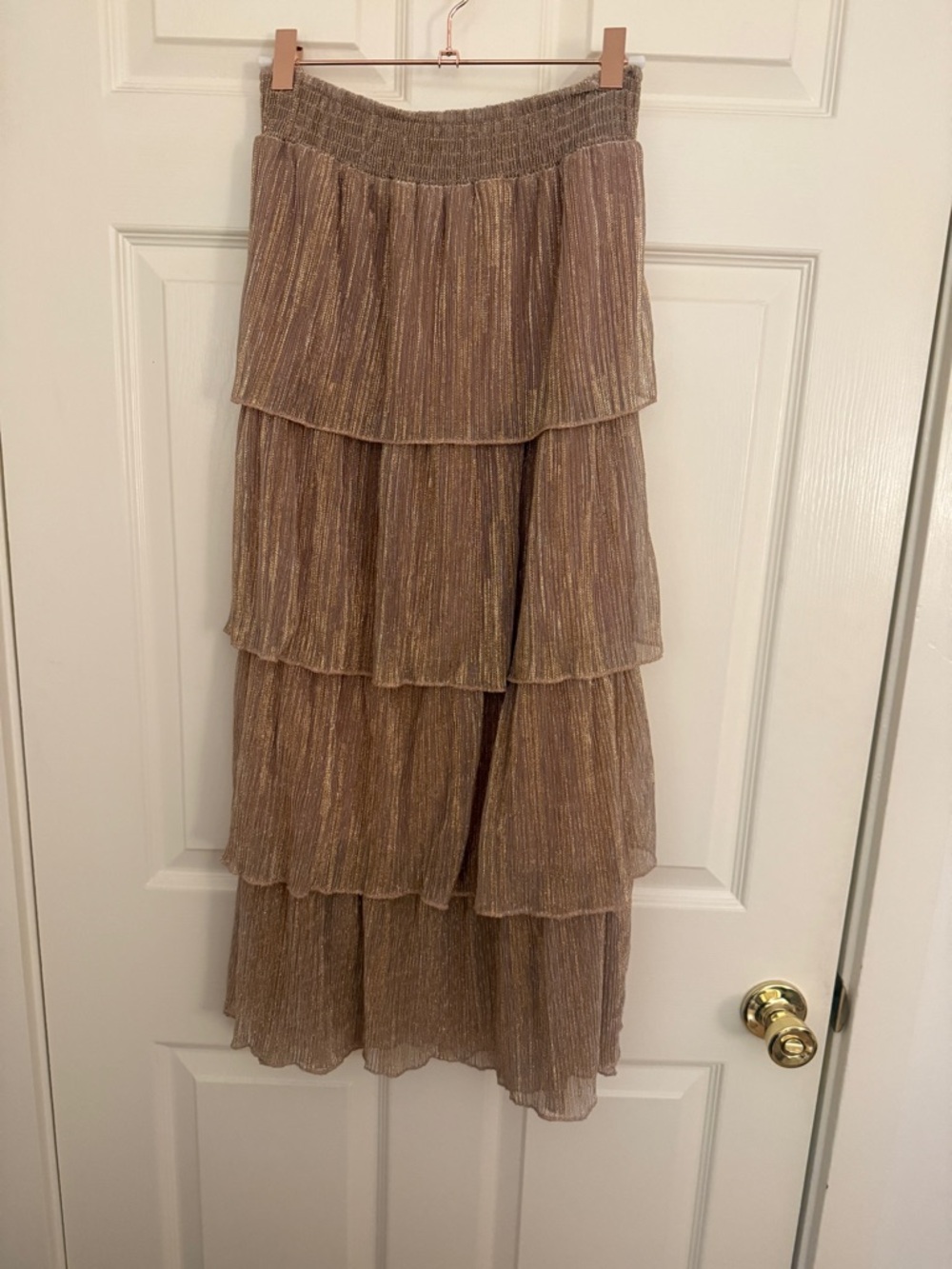 Storia Tiered Metallic Taupe Maxi Skirt